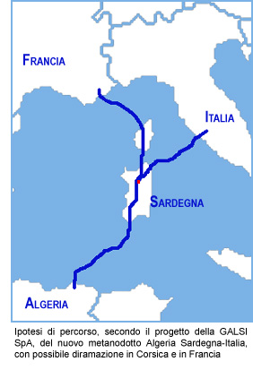 Ipitesi del percorso del metanodotto Algeria-Sardegna_Italia