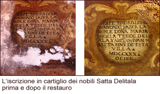 L‘iscrizione in cartiglio dei nobili Satta Delitala prima e dopo il restauro